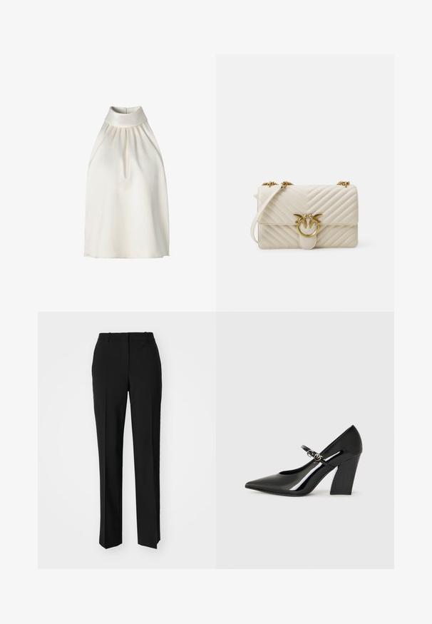 Haalterneck-tyylinen hihaton toppi sileässä kermaisen värisessä kankaassa, jossa on poimutuksia etuosassa, korkea kaulus ja suora helma.; Mustat räätälöidyt housut suoraa lahjetta, joissa on sileä pinta ja terävät taitteet edessä. Ei näkyvää metalliosaa.; Musticko mustat lakatut korkokengät, joissa on terävä kärkinen muoto, paksu korko ja hihna, jossa on metalliset yksityiskohdat.; Kreemivärvi kott, millel on kuldne linnu kujuline kinnitustakk, ahel-rihm ja tekstuuriga chevroni kujundus. Omab klapikinnitust ja kompaktset kuju.