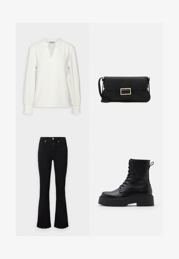 Valge pikkade varrukatega pluus V-kaelusega ja rätsepa mansettidega. Valmistatud pehmest kangast, omades vabalt langevat lõiget ja peent tekstuuri. Brändi silt on nähtav.; Mustad flared teksasaapad, millel on keskmise tõusuga vöökoht, eesmine taskud ja nupplikuga kinnistus. Sile tekstuur minimaalse õmbluste detailidega.; Mustad mustad nahast pahkluu saapad ümarate varvastega, nööridega esiosas ja paksu kummist talla ning tekstuuritud mustriga. Tagumine tõmbeaas.; Must haben musta nahkklahviga kott, millel on klapp ja kuldne metallist pandla detail. Kaasas must rihm ja stiilne, minimalistlik disain.