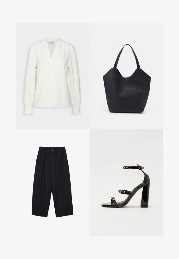 Bílý dlouhý rukáv top s výstřihem do V a nařasenými manžetami. Vyrobeno z měkké tkaniny, s uvolněným střihem a jemnou texturou. Viditelný štítek značky.; Černé polyesterové culotte kalhoty s elastickým pasem, dvěma předními sklady a volným siluetou. Žádné viditelné vzory ani kovové detaily.; Černé lakované sandály na podpatku se čtveratou špičkou, lýtkovými pásky a stříbrnými přezkami. Disponují masivním blokovým podpatkem pro stabilitu.; Černá taška přes rameno vyrobená z hladké kůže, s zakřiveným, otevřeným vrchem a dvěma ramenními popruhy, s minimalistickým designem.
