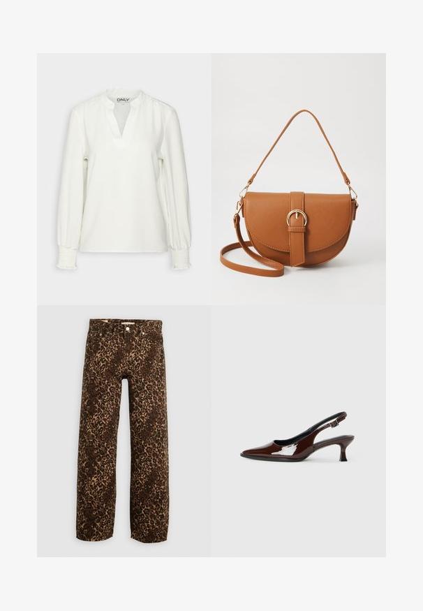 Top blanco de manga larga con escote en V y puños fruncidos. Hecho de una tela suave, presenta un corte relajado y una textura sutil. Etiqueta de la marca visible.; Jeans de pierna ancha con estampado de leopardo en marrón y beige. Fabricados en mezclilla, con un diseño clásico de cinco bolsillos y acentos de hardware metálico.; Zapato slingback de charol marrón con punta afilada y tacón moderado. Cuenta con una correa con hebilla para un ajuste seguro. Textura suave.; Bolso bandolera de cuero marrón con forma curvada, herrajes dorados y un acento de hebilla. Incluye una correa de hombro desmontable.