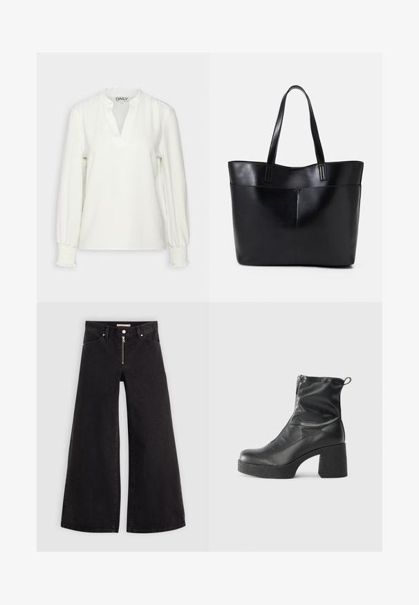 Weißes Langarmshirt mit V-Ausschnitt und gerafften Manschetten. Hergestellt aus weichem Stoff, mit lockerer Passform und subtiler Textur. Markenschild sichtbar.; Schwarze Denim-Jeans mit weitem Bein, Reißverschluss vorne, Fünf-Taschen-Design und dezenten Stickdetails. Glatte Textur und lässiger Stil.; Schwarze Stiefeletten aus glattem Leder mit seitlichem Reißverschluss, klobigem strukturiertem Absatz und runder Zehenform.; Schwarze Leder-Shopper-Tasche mit zwei langen Griffen, einer glatten Textur und einer strukturierten Form. Verfügt über eine Vordertasche für zusätzlichen Stauraum.