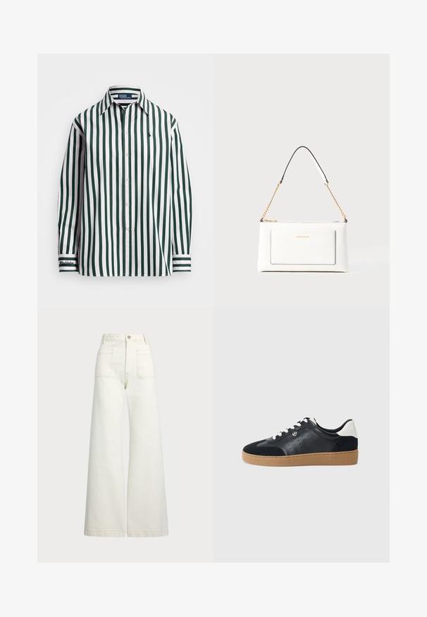 Zielono-biała, paskowana koszula z długim rękawem, z kołnierzykiem zapinanym na guziki, ozdobiona haftowanym logo na klatce piersiowej i akcentem na mankiecie.; Spodnie dżinsowe o szerokich nogawkach w odcieniu off-white. Wysoki stan z zapięciem na guzik, dwiema kieszeniami z przodu i detalami z kontrastowym przeszyciem.; Czarne skórzane i zamszowe sneakersy z jasnobrązową gumową podeszwą. Posiadają białe sznurowadła oraz małe perforacje po bokach. Obecne logo Michael Kors.; Biała skórzana torebka o teksturowanym wykończeniu, z złotą łańcuszkową rączką i czarnymi akcentami. Zawiera przednią kieszeń oraz zamek błyskawiczny.