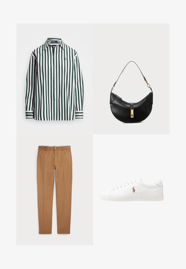 Green and white striped long-sleeve shirt with button-down collar, featuring logo embroidery on the chest and accent on the cuff.; Brown cotton trousers with a slim-fit design, flat front, and standard pockets; smooth texture and hemmed cuffs.; White leather sneakers, low-top design, featuring a smooth texture, round toe, laced front, and a small embroidered logo on the side.; Black leather handbag in a half-moon shape. Features a gold hardware accent and a narrow strap. Smooth texture, zipper closure at the top.