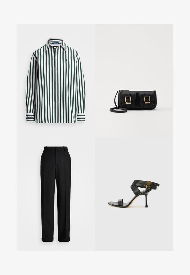 Green and white striped long-sleeve shirt with button-down collar, featuring logo embroidery on the chest and accent on the cuff.; Polo Ralph Lauren HIGH RISE RELAXED STRAIGHT TROUSER - Trousers - black; Black heeled sandal with crossed straps and adjustable buckle. Features a smooth texture and tapered stiletto heel.; Black leather crossbody bag with two front pockets, gold buckles, zipper closure, and a slim strap. Textured surface and compact rectangular shape.