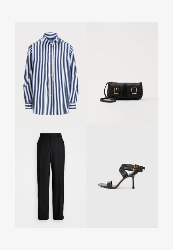 Striped shirt featuring vertical navy and white lines, a button-up front, and a classic collar. Long sleeves with button cuffs.; Polo Ralph Lauren HIGH RISE RELAXED STRAIGHT TROUSER - Trousers - black; Black heeled sandal with crossed straps and adjustable buckle. Features a smooth texture and tapered stiletto heel.; Black leather crossbody bag with two front pockets, gold buckles, zipper closure, and a slim strap. Textured surface and compact rectangular shape.