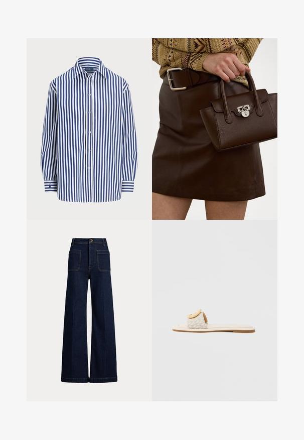 Striped shirt featuring vertical navy and white lines, a button-up front, and a classic collar. Long sleeves with button cuffs.; Wide-leg dark blue denim jeans with a high waist, five-pocket design, and contrasting stitching. Features a button closure and a structured shape.; Slide sandal featuring a beige strap with a geometric pattern, a rounded yellow accent on the upper, and a flat, light sole.; Brown leather handbag with a textured finish and silver hardware, held with a hand beside a brown leather skirt and patterned sweater.