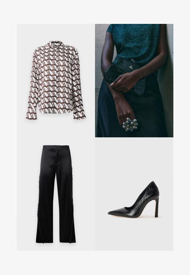Langærmet skjorte i hvid med et brunt abstrakt mønster. Har krave og knaplukning. Glat stof med en afslappet pasform.; Sorte satinbukser med brede ben, der har frynse detaljer langs sidesømmen og en flad front talje. Ensfarvet bag uden lommer.; Sorte spidse tå stiletto-sko i krokodilleskind med et strømlinet design, høj hæl og glat sort inderside.; Sorte clutchtaske med krokodillemønster og sølvhardware, holdt mod en tekstureret grå baggrund. Har en blank overflade.