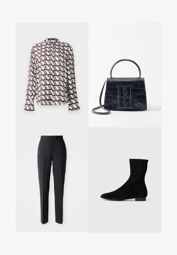 Langærmet skjorte i hvid med et brunt abstrakt mønster. Har krave og knaplukning. Glat stof med en afslappet pasform.; Sorte skræddersyede lige ben bukser med høj talje og forfald, præsenteret på en ensfarvet lyse baggrund.; Sorte suedestøvler til anklerne med en tætsiddende skaft, spids tå og lav blokhæl. Glat tekstur og minimalistisk design, velegnet til alsidig styling.; Sort krokodillede læderhandbag med en struktureret design, top-håndtag, justerbar rem og et fremtrædende frontlogo.; Guldtonet kædetråd med en central vedhæng i kuppelform, korsaccent og klare rhinsten fordelt over det hele.