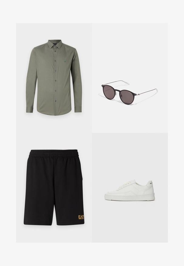 Emporio Armani Camisa - mulled basil; Calções desportivos pretos feitos de um tecido suave, com um cós elástico e um pequeno logótipo amarelo EA7 na parte inferior da perna esquerda.; Sapatilha de couro branco com acabamento suave, bico redondo, atacadores planos e uma sola texturizada. Apresenta um logotipo discreto no calcanhar.; Óculos de sol redondos pretos com lentes escuras e hastes metálicas finas. Inclui pontas de templo transparentes e detalhes em prata na dobradiça. Design minimalista.