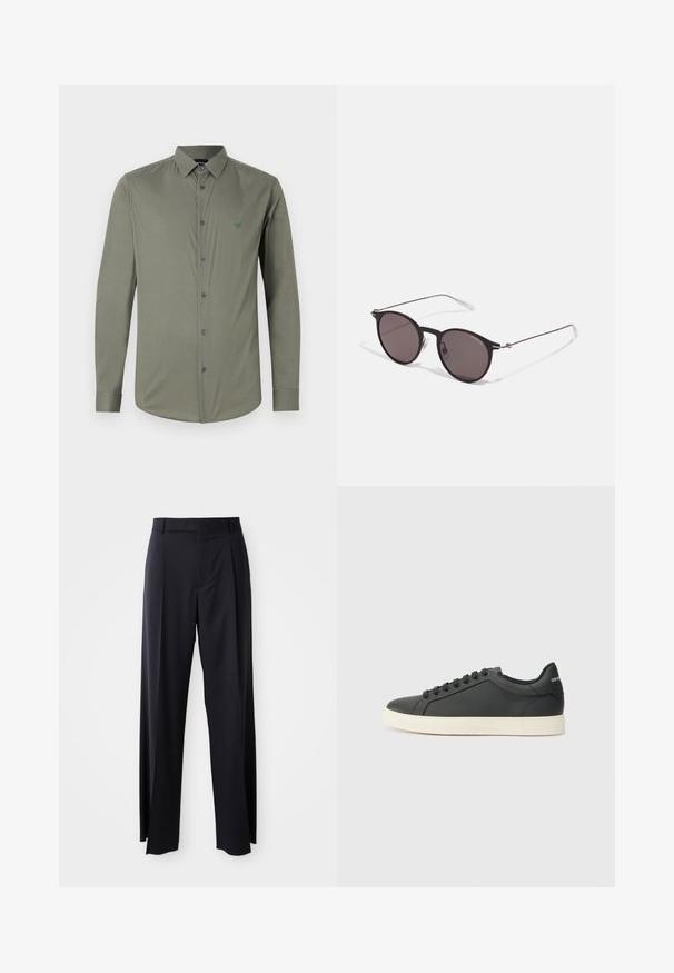 Emporio Armani Marškiniai - mulled basil; Juodi, aukštai užtraukiami kelnių modeliai su plačiomis kojomis, pagaminti iš lygaus audinio. Yra priekiniai raukšlės ir diržo kilpos. Minimalistinio dizaino, be matomų detalių.; Juodos odinės sportinės bateliai su žemu profiliu, apvaliu pirštu ir raištelių uždarymu; turi tekstūruotą guminį padą ir logotipo detalę ant kulno.; Juodos apvalios saulės akinių su tamsiais lęšiais ir plonomis metalinėmis šakomis. Įtraukti skaidrūs šventyklų galai ir sidabriniai akcentai vyrio srityje. Minimalistinis dizainas.