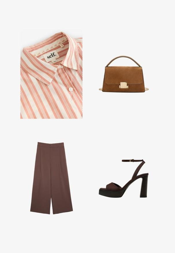 Self. Camicia - rust brown stripe; Pantaloni ampi marroni con una texture liscia, caratterizzati da una vita alta e pieghe frontali. Il tessuto è leggero e scorre liberamente.; Sandal in camoscio marrone con tacco alto, punta aperta, cinturino alla caviglia regolabile e suola a piattaforma striata.; Borsa in suede marrone con una chiusura quadrata dorata, manico superiore e tracolla a catena. Presenta una forma rettangolare e angoli arrotondati.