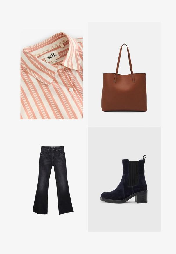 Self. Hemdbluse - rust brown stripe; Schwarze, ausgestellte Jeans aus Denim mit leicht verwaschenem Textur. Verfügt über Fronttaschen, einen Reißverschluss und sichtbare Nähte.; Schnürstiefelette aus dunkelblauem Wildleder mit elastischem Seitenpanel, runder Spitze und Blockabsatz. Das strukturierte Material und die glatte Sohle sorgen für Kontrast.; Braune Leder-Tote mit glatter Textur, offenem Oberteil und zwei Schulterriemen. Verfügt über minimale Nähte und keine sichtbaren Beschläge.