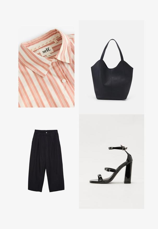 Self. Camicia - rust brown stripe; Pantaloni culotte neri in poliestere con una cintura elastica, due pieghe frontali e una silhouette ampia. Nessun motivo visibile o dettagli in metallo.; Sandali con tacco in vernice nera, con punta squadrata, cinturini alla caviglia e fibbie in argento. Presentano un tacco a blocco spesso per maggiore stabilità.; Borsa tote nera realizzata in pelle liscia, con una parte superiore curva e aperta, dotata di due manici per spalla e un design minimalista.