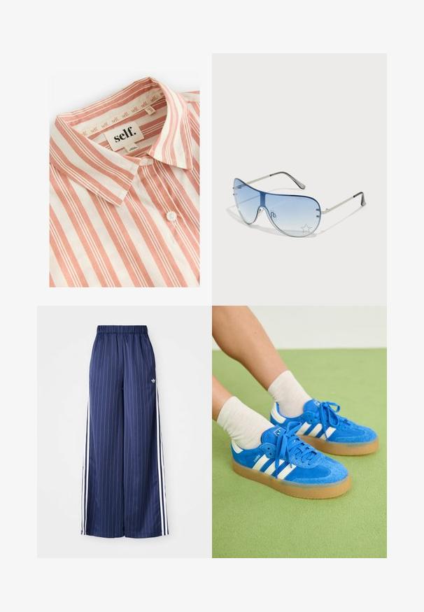 Self. Pogājama blūze - rust brown stripe; Jūras zila platu kāju bikses ar vertikālām baltām svītrām, elastīgu jostu un trim baltām svītrām katrā pusē, izgatavotas no viegla materiāla.; Zilas zamšsneakers ar baltām apdare, gumijas zole, apaļā purngalā un auduma šņorēm. Saskaņoti ar krēmkrāsas zeķēm uz zaļas virsmas.; Pilotstila saulesbrilles ar gradienta zilām lēcām, sudraba metāla rāmjiem un dekoratīvām zvaigžņu akcentiem uz lēcām. Gluda un eleganta dizaina.