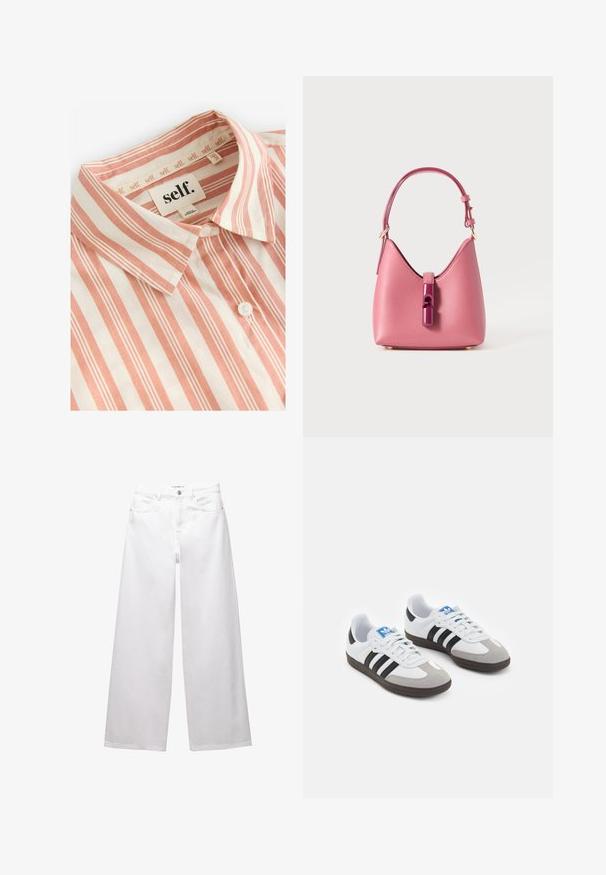 Self. Blúzka so zapínaním na gombíky - rust brown stripe; Biele široké džínsy vyrobené z denimu. Obsahujú zapínanie na gombík, predné a zadné vrecká a prešité švy. Hladká textúra s minimálnym zdobením.; Športové topánky s bielym koženým zvrškom, šedou semišovou špičkou a tromi čiernymi pruhmi. Obsahujú modré logo na jazyku a štruktúrovanú gumovú podrážku.; Ružová kožená kabelka so štruktúrovaným tvarom, vybavená lesklým zatváraním a jedným nastaviteľným popruhom. Textúrovaný povrch s zlatými kovovými detailmi.