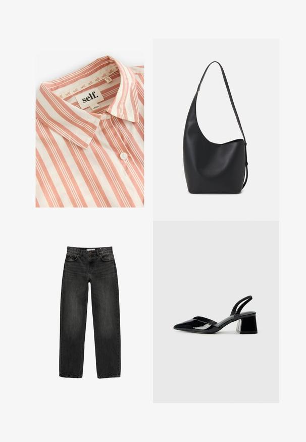 Self. Camicia - rust brown stripe; Jeans in denim nero con una vestibilità rilassata, gamba dritta, design a cinque tasche e una texture leggermente sbiadita. Chiusura con bottone e zip nella parte anteriore.; Décolleté in vernice nera con punta affusolata e tacco in geometria cubica. Presentano un design elegante e minimalista, con una texture liscia.; Borsa hobo nera in pelle con una superficie liscia, forma curvata e una singola tracolla regolabile; presenta un'ampia apertura nella parte superiore.