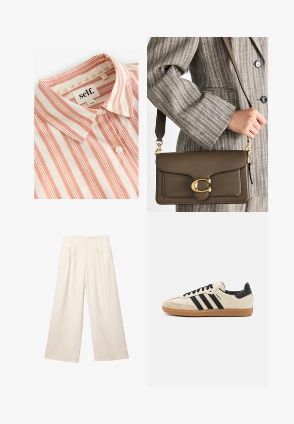 Self. Skjortebluser - rust brown stripe; Løse bukser i en lys beige farve med et blødt, tekstureret stof. Har fremadskuende folder og en elastisk talje for en afslappet pasform.; Beige sportssko med sorte striber, gummibetræk samt sorte detaljer. Har en glat læderoverdel og et rundt tådesign.; COACH TABBY SHOULDER BAG 26 - Håndtasker - dark stone; Guldkæde med forlængede, rektangulære led. Båret over en sort blonder-krebs skjorte, som viser en glat, poleret overflade.