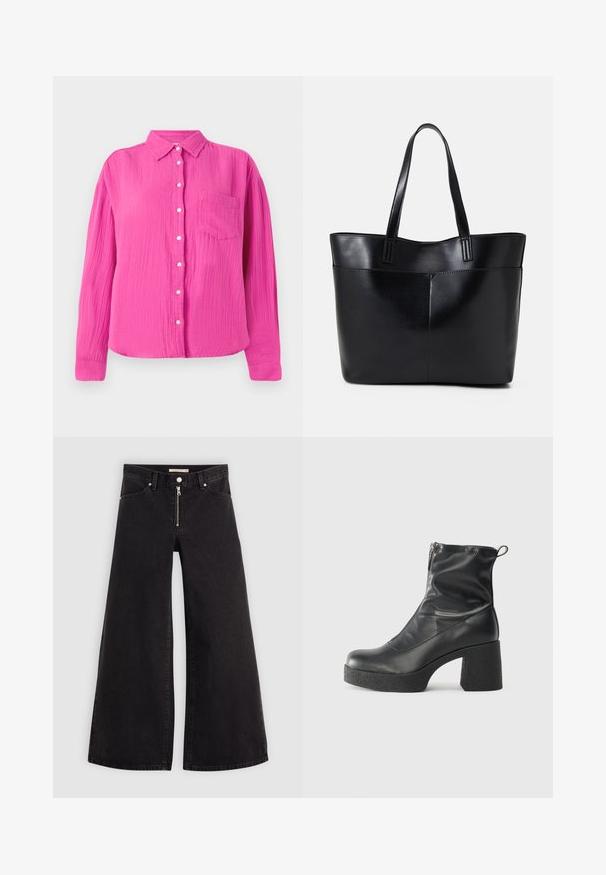 Pink, textured shirt with a button-down front, collar, and a single chest pocket. Long sleeves with button cuffs, casual fit.; Wide-leg jeans in black denim with a zippered front, five-pocket design, and subtle stitching details. Smooth texture and casual style.; Black ankle boots made of smooth leather, featuring a side zipper, chunky textured heel, and rounded toe design.; Black leather tote bag with two long handles, a smooth texture, and a structured shape. Features a front pocket for additional storage.