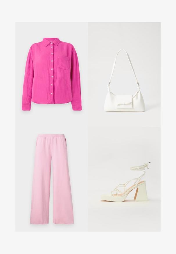 Camisa rosa, texturada, com abertura frontal em botões, colarinho e um único bolso no peito. Mangas longas com punhos em botões, ajuste casual.; Calças largas cor-de-rosa feitas de tecido suave, com uma cintura elástica e bolsos laterais. Apresenta um corte reto e fluido.; Sandálias brancas de salto alto com um salto robusto, apresentando um design com tiras e amarração no tornozelo. Textura suave com uma plataforma na frente para altura adicional.; Mala sintética branca com formato triangular, aba frontal plana e detalhe de laço, alça ajustável, textura suave e design minimalista.