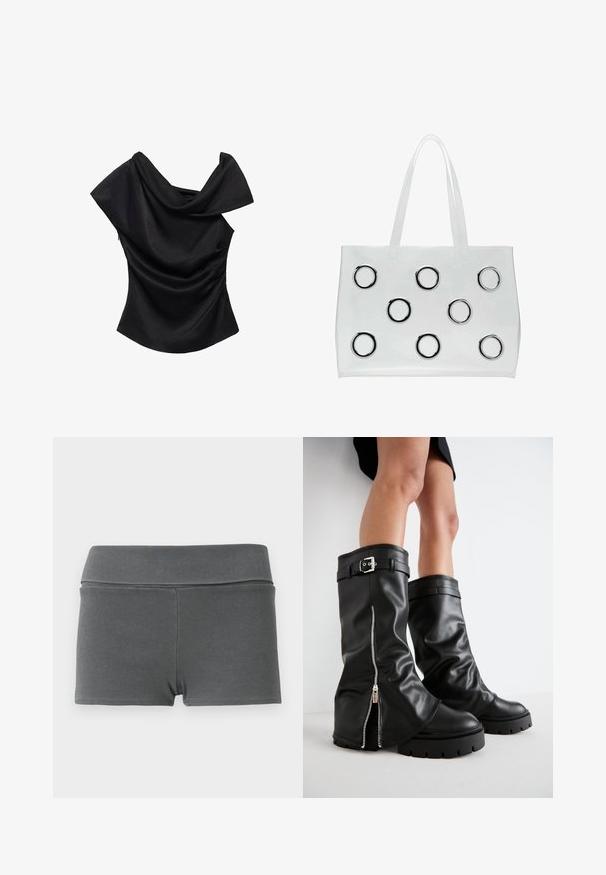 Crna majica bez naramenica s drapiranim izrezom, prilagođenog kroja i glatke teksture. Ima nabran detalj na bočnoj šavu.; Šorts od rebraste tkanine u tamnosivoj boji s širokim pojasom. Imaju prilagođeni dizajn, glatku teksturu i nema vidljivih metalnih dijelova ili akcenata.; Crne kožne čizme do koljena s širokim okovratnikom, s bočnim zatvaračem i detaljem od kopče, teksturiranom završnom obradom i debelim gumenenim potplatom.; Prozirna plastična torba s dva prozirna ručka, sa devet okruglih metalnih akcenta raspoređenih u mrežastom uzorku na prednjoj strani.