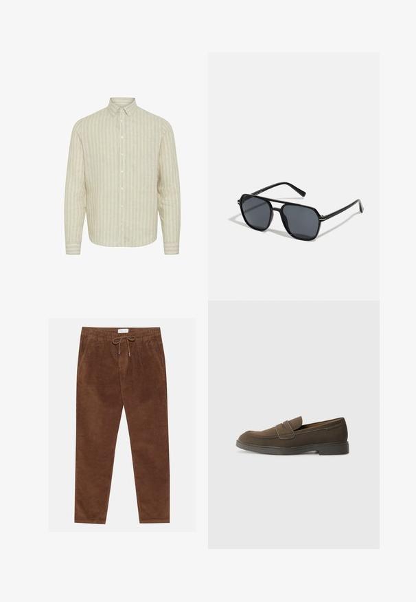 Lys beige langermet skjorte med vertikale striper. Laget av et teksturert stoff, har knapper foran og en krage som kan knyttes.; Pier One Bukse - brown; Brune semsket loafers med rund tå, en stropp over vampen og en flat gummisåle. Enkel design med rene linjer og minimalt med detaljer.; Sorte solbriller med ottekantet ramme, mørke linser, blank finish, tynde stænger og guld accenter på fronten.