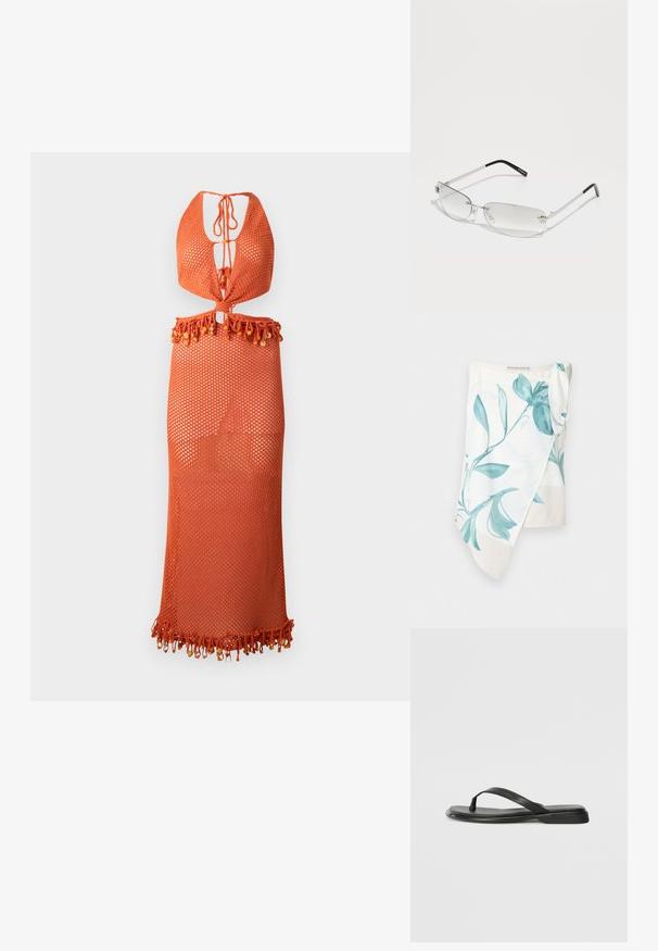Envoltura de tela ligera con un diseño floral en color teal sobre un fondo blanco. Presenta un detalle de nudo en un hombro y una textura suave.; Vestido de malla naranja con diseño de cuello halter, que presenta un cierre de lazo y un dobladillo con flecos adornado con cuentas. Ligero y semi-translúcido.; Chancla negra de piel suave, con un diseño de tira delgada y una suela plana de perfil mínimo. Sin patrones ni acentos notables.; Montura de gafas de metal plateado con lentes rectangulares, que presenta lentes transparentes, acentos decorativos en los laterales y varillas con puntas negras.; Bolso de mano de cuero marrón con dos asas robustas, forma rectangular, textura suave y cierre de cremallera. Diseño minimalista sin patrones visibles.
