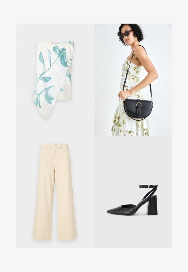 Gaišs auduma apvalks ar tirkīza ziedu rakstu uz baltas fona. Tam ir mezgla detaļa pie viena pleca un gluda tekstūra.; Bežīgas platpēdas džinses, izgatavotas no kokvilnas. Iekļauj pogu aizdari, jostas cilpas un priekšējos kabatas ar gludu, mīkstu tekstūru.; Melna ādas augstpapēžu kurpe ar norakstīto purngala formu, potītes siksniņu un masīlu papēdi. Gluda tekstūra, elegants dizains un minimālisma estētika.; Melnas ādas rokassoma ar izliekta formu, noņemamu siksnu un zelta aksesuāriem. Somai ir vāciņš ar sprādzes detaļu.