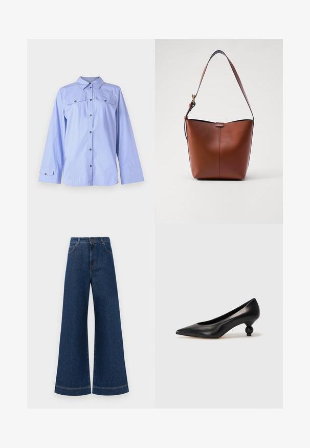 Light blue, long-sleeved shirt with a collared neck, two buttoned chest pockets, front button closure, and striped texture.; Wide-leg blue denim jeans with a high waist, featuring a button closure, belt loops, and subtle stitching details along the pockets and hems.; Black leather high heel shoe with a pointed toe and a round, balled heel. Smooth texture with a sleek, minimal design.; Brown leather shoulder bag with a curved shape, smooth texture, and a single thin strap. Features a subtle seam and a small logo detail.