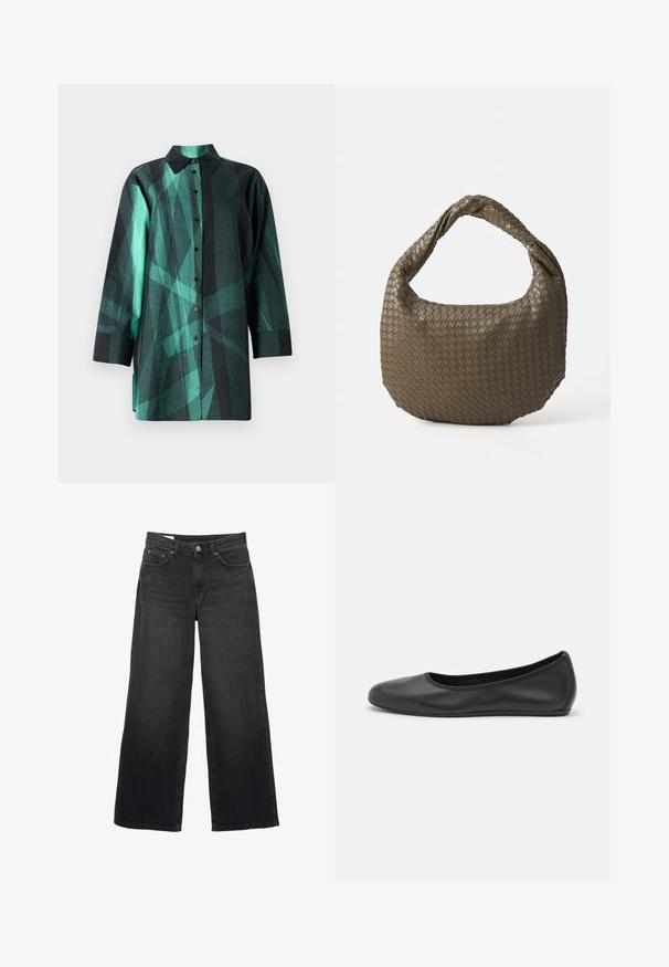 Marimekko HEITTO VIRE czarny; Czarne dżinsowe spodnie o szerokich nogawkach. Posiadają klasyczny pięciopocketowy fason, prosty krój i zapięcie na guzik z przodu.; Czarne skórzane baletki z zaokrąglonym noskiem, gładką fakturą, minimalnymi przeszyciami i elastycznym designem podeszwy.; Woven oliwkowa torebka o zaokrąglonym kształcie i skręconym uchwycie. Teksturowana powierzchnia zdobiona jest diagonalnym wzorem. Zamek błyskawiczny.