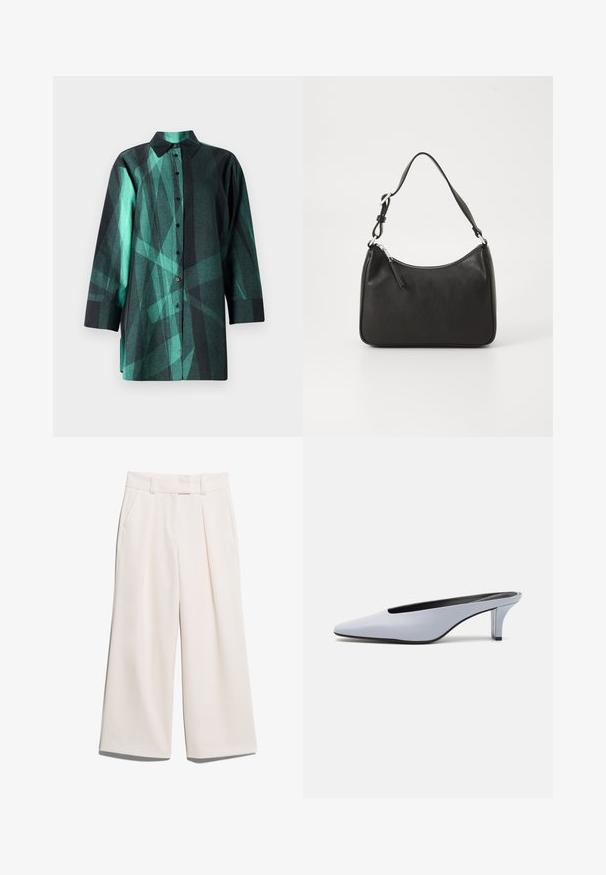 Marimekko HEITTO VIRE - Camicia - black; Pantaloni a gamba larga di un colore crema chiaro, realizzati in tessuto morbido con due tasche frontali e cuciture visibili sulla vita.; Mule in pelle lucida blu chiaro con punta affusolata, tacco trasparente basso e design elegante caratterizzato da un'apertura sulla parte superiore.; Borsa a tracolla in pelle nera con forma curva, una tracolla singola, chiusura con zip e marchio discreto sul fronte. Texture liscia, design minimalista.