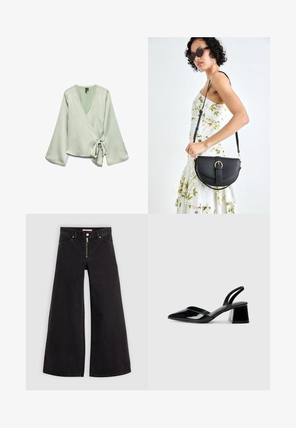 Lys grøn indpakningsbluse med lange ærmer; har en knude lukning i siden og blondetrim langs halsudskæringen. Glat, blød stoftekstur.; Vide ben jeans i sort denim med lynlås foran, fem lomme-design og subtile stikninger. Glat tekstur og afslappet stil.; Sorte patentlæder slingback hæle med spids tå og en geometrisk blok hæl. Har et elegant, minimalistisk design og en glat tekstur.; Sort læderhåndtaske med en buet form, aftagelig rem og guldfinish. Tasken har en klap med en spænde detalje.