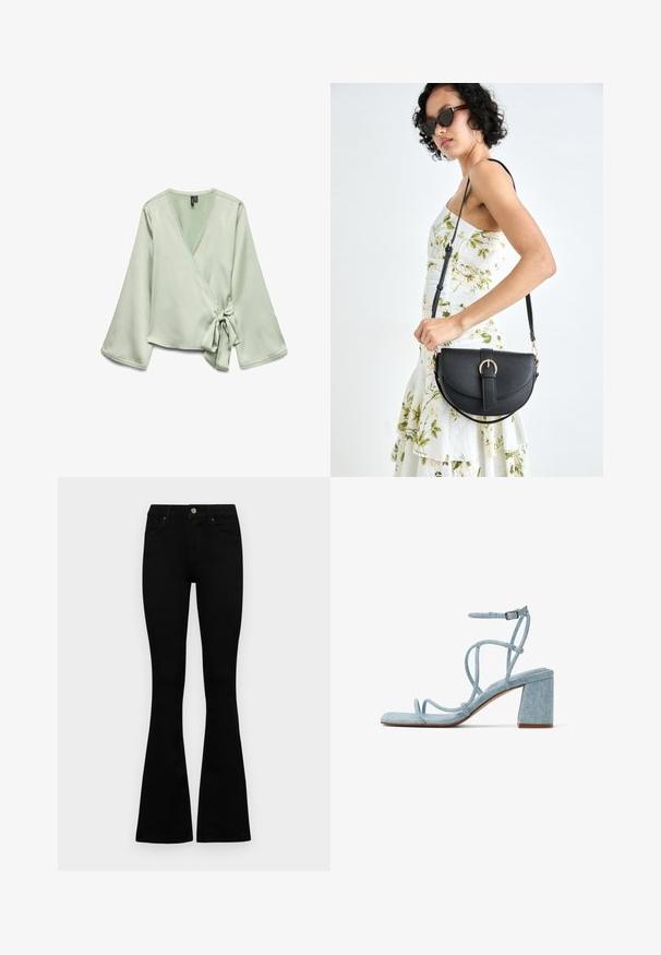 Lys grøn indpakningsbluse med lange ærmer; har en knude lukning i siden og blondetrim langs halsudskæringen. Glat, blød stoftekstur.; Sorte højtaljede jeans med knap- og lynlåslukning, forlommer og flagrende ben, lagt fladt på en hvid baggrund.; Lys blå denim blokhæl sandal med tynde, krydsende stropper og ankelstrop. Firkantet tådesign og tekstureret stofoverflade.; Sort læderhåndtaske med en buet form, aftagelig rem og guldfinish. Tasken har en klap med en spænde detalje.