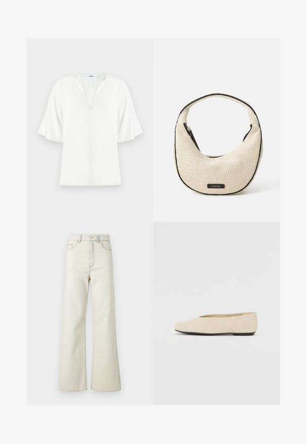 Weiße Bluse mit V-Ausschnitt und breiten kurzen Ärmeln. Hergestellt aus leichtem Stoff, zeichnet sich durch eine einfache, glatte Textur ohne sichtbare Muster aus.; Hochgeschnittene beigefarbene Denim-Jeans mit weitem Bein, ausgestattet mit einer hellen Stickerei und einem Reißverschluss vorne. Keine sichtbaren Taschen.; Beige Wildleder Ballerinas mit abgerundeter Zehenpartie, flacher Sohle und minimalistischem Design. Glatte Textur ohne sichtbare Beschläge oder Verzierungen.; Beige geflochtener Schulterbeutel mit geschwungener Form und schwarzem Kontrast. Verfügt über einen Reißverschluss oben und ein Logo-Patch auf der Vorderseite.
