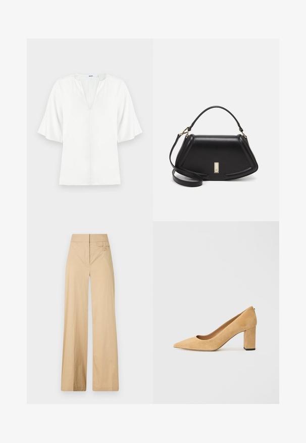 Blouse blanche avec un décolleté en V et des manches courtes larges. Fabriquée en tissu léger, elle présente une texture simple et lisse sans motifs visibles.; Pantalons larges beige en coton mélangé. Caractéristiques : texture lisse, taille élastique et détail à bouton sur le côté.; Pumps à talons hauts en daim beige avec un bout pointu et un talon large. Le matériau a une texture douce avec une finition lisse.; Sac à main en cuir noir avec un design structuré, featuring une forme cropped, une poignée supérieure et des accents en matériel doré. Bandoulière réglable incluse.