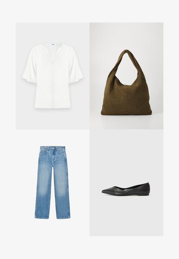 Bijela bluzica s V-izrezom i širokim kratkim rukavima. Izrađena od laganog materijala, ima jednostavnu, glatku teksturu bez vidljivih uzoraka.; Svijetloplave traperice ravnog kroja, s dizajnom od pet džepova i suptilnim izbljeđenjem. Imaju gumb i zatvarač na struku.; Crne kožne balerinke s nazupcanim prstom, niskom petom i glatkom teksturom. Minimalistički dizajn s suptilnim bočnim akcentom.; Torba od tkanine u maslinastoj zelenoj boji, prostranog, zaobljenog oblika s jednim dugim drškom za nošenje. Teksturalna površina.