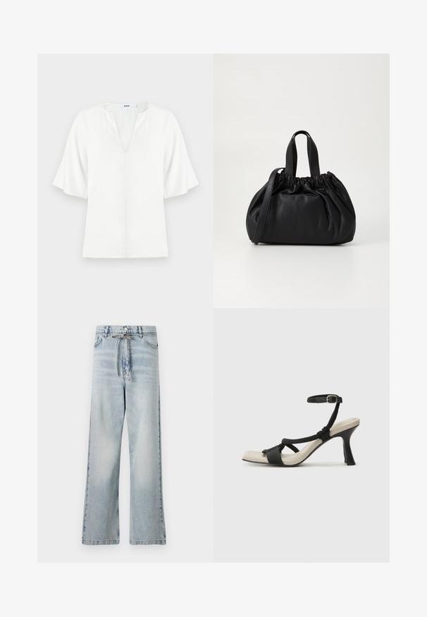 Blusa bianca con scollatura a V e maniche corte larghe. Realizzata in un tessuto leggero, presenta una texture semplice e liscia senza motivi visibili.; Jeans a gamba larga blu chiaro realizzati in denim, con vita alta, tasche frontali e un dettaglio con cordoncino in vita. Struttura con effetto strappato.; Sandal con tacco nero e design con cinturino intrecciato, punta quadrata e cinturino alla caviglia regolabile. Soletta beige chiaro con tacco nero lucido.; Borsa a tracolla in pelle nera con design a cima arricciata, dotata di due manici corti e di una lunga tracolla regolabile. Texture liscia, forma arrotondata.