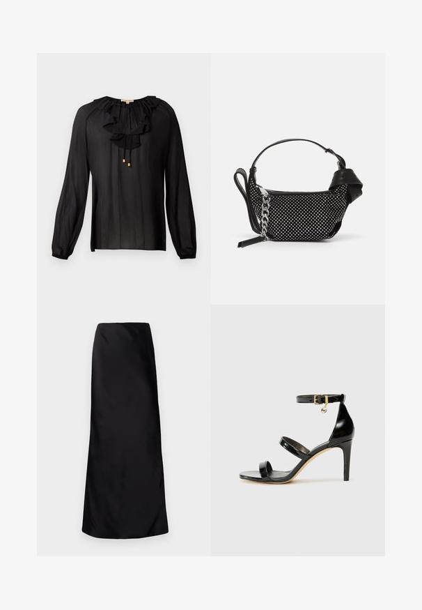Schwarze Bluse aus leichtem Stoff mit einem rüschierten Ausschnitt, langen Ärmeln mit elastischen Bündchen und goldenen Akzenten an den Zugbändern.; Norma Kamali BIAS OBIE SKIRT - Maxirock - black; Schwarze Lackleder-Sandale mit drei Riemen, Knöchelriemen und 10 cm hohen Stiletto-Absatz. Verfügt über goldfarbene Hardware-Details und ein Logo-Charm.; Schwarze Handtasche mit Nietenverzierungen, einer Kettenriemen und einem glatten Ledergriff, in runder Form und mit einem Reißverschlussfach.