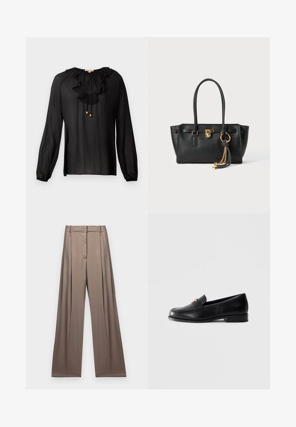 Blusa negra hecha de un tejido ligero, con un escote volante, mangas largas con puños elásticos y detalles en dorado en los cordones.; Camiseta corta blanca de algodón, con mangas cortas y el logotipo "MICHAEL KORS" bordado en texto a juego en el pecho.; Pantalones de pierna ancha en un color topo suave, fabricados en un tejido liso con un acabado satinado. Presentan una cintura ajustada y pliegues sutiles.; Mocasín de cuero negro con tacón bajo y emblema decorativo dorado en la correa, exhibido sobre un fondo gris claro liso.; Bolso de cuero negro con doble asa, cierre dorado y detalles en cadena, y accesorio de borlas en blanco y negro, sobre fondo blanco.