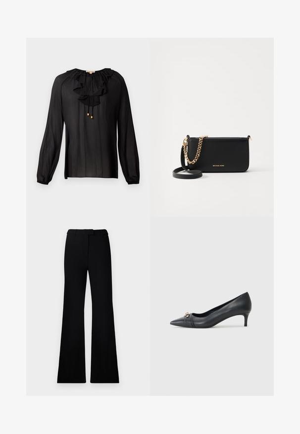 Musta pusero, joka on valmistettu kevyestä kankaasta. Siinä on röyhelökaula-aukko, pitkät hihat elastisilla hihoilla ja kultaiset yksityiskohdat nyörissä.; Mustat levenevät housut, joissa on sileä pinta, muotoiltu vyötärö ja etutaskut, jotka on suunniteltu nykyaikaiseen ja sulavaan siluettiin.; Korkokenno musta nahkakengät matalalla korolla, joissa on teksturoitu hihna ja metallinen yksityiskohta edessä. Sileä pinta ja virtaviivainen muotoilu.; Mustharako nahkakäsi, jossa on kultaketju, sileä pinta ja kultalogo. Mukana säädettävä hihna monipuolisuuden vuoksi.; Kultaiset renkaat korvakorut kiiltävällä pinnalla, joissa on paksu, pyöreä muotoilu ja turvallinen sulkemismekanismi. Sujuva rakenne ja kiiltävä ulkonäkö.