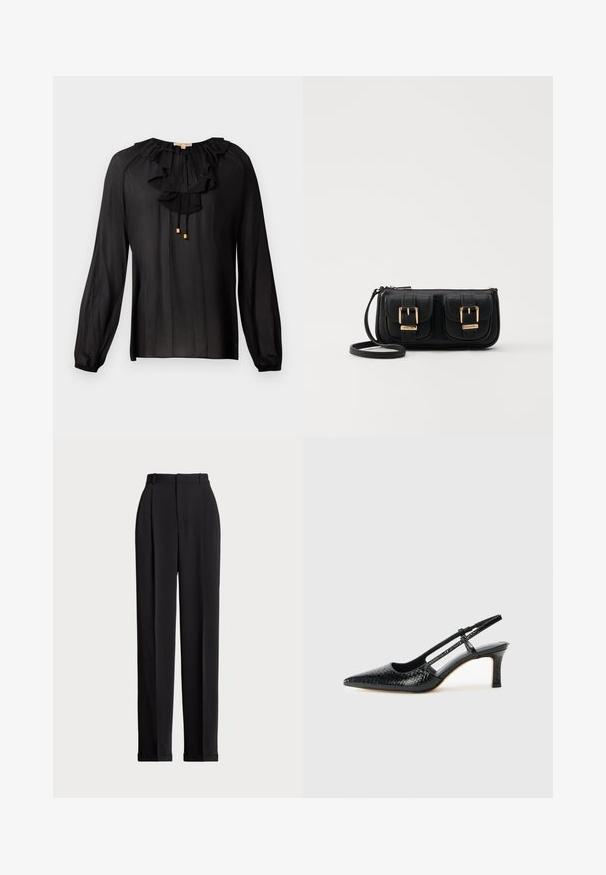 Fekete blúz könnyű anyagból, fodros nyakkivágással, hosszú ujjakkal, elasztikus mandzsettákkal és arany részletekkel a húzózsinórokon.; Fekete, testre szabott nadrág magas derékkal, elöl redőkkel, egyenes láblineáris kialakítással és halkézével. Sima anyagból készült.; Fekete lakk slingback sarok, hegyes orral, texturált kígyómintával, állítható pánttal és rövid, texturált tömbsarkal.; Fekete bőr keresztbody táska két elülső zsebbel, arany csattokkal, cipzáras záródással és vékony pánttal. Textúrált felület és kompakt téglalap alak.; Aranyszínű fémből készült karika fülbevalók ívelt, hosszúkás formával. Simaságával és fényes felületével, valamint lekerekített végével további részletekkel bővül.