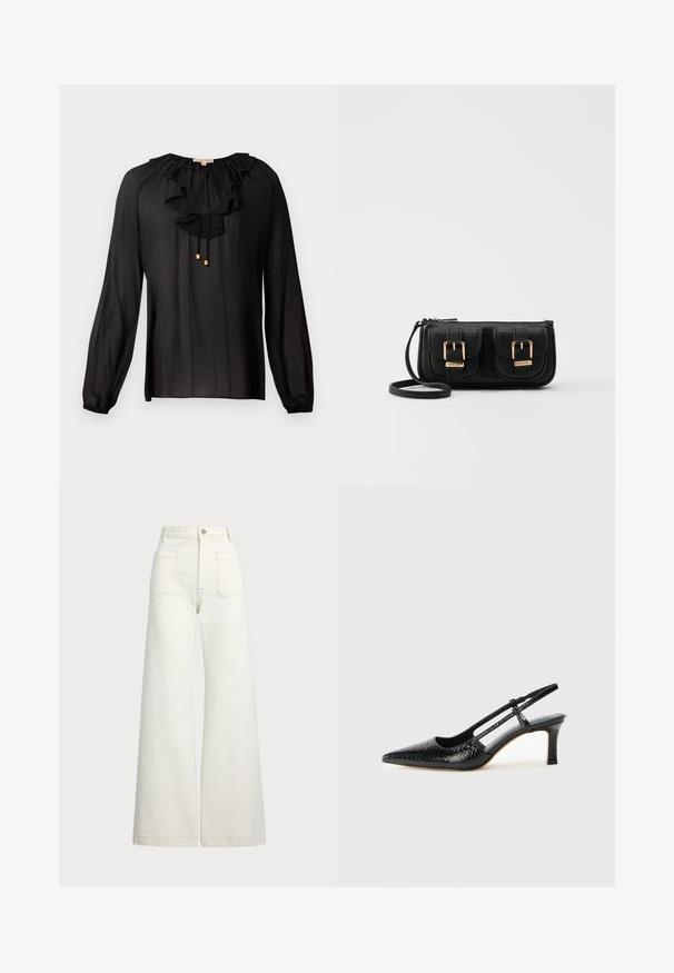 Blusa nera realizzata in tessuto leggero, con scollatura arricciata, maniche lunghe con polsini elastici e dettagli dorati sui lacci.; Jeans a gamba larga in denim bianco sporco. Design a vita alta con chiusura a bottone, due tasche frontali e dettagli di cucitura a contrasto.; Slingback con tacco in vernice nera con punta affusolata, caratterizzato da una stampa a serpente testurizzata, cinturino regolabile e un tacco corto e testurizzato.; Borsa a tracolla nera in pelle con due tasche frontali, fibbie dorate, chiusura con zip e una tracolla sottile. Superficie texturizzata e forma rettangolare compatta.