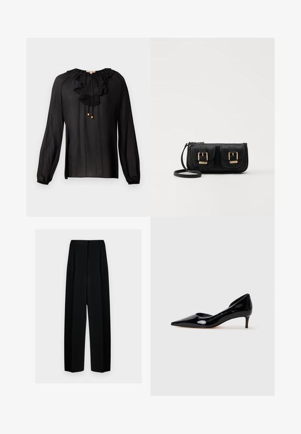 Crna bluzica izrađena od laganog materijala, s naboranim izrezom, dugim rukavima sa elastičnim manžetama i zlatnim detaljima na poteznicama.; Crne široke hlače s visokim strukom, s naborima i glatkom teksturom. Tkanina izgleda lagano i elegantno pada.; Ženske cipele na kitten heel s oštrim vrhom od crnog lakiranog kože, prikazane bočno na jednostavnoj svijetloj sivoj pozadini.; Crna kožna torba preko ramena s dva prednja džepa, zlatnim kopčama, zatvaranjem na zip i uskim remenom. Teksturirana površina i kompaktan pravokutan oblik.