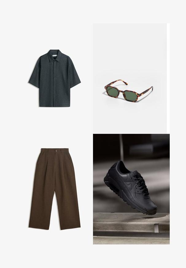 Koszula z krótkim rękawem, zapinana na guziki, wykonana z ciemnego denimu, z klasycznym kołnierzykiem, prostym krojem i płaskim przodem bez kieszeni.; Brązowe spódnie z plisami w szerokim kroju, z zapięciem na guziki i bocznymi kieszeniami, wykonane z teksturowanej tkaniny, idealne na codzienne okazje.; Czarne sneakersy Nike Air Max z teksturowaną skórzaną cholewką, gumową podeszwą i wyraźnym systemem sznurowania, prezentujące nowoczesny, elegancki design.; Okulary przeciwsłoneczne w kolorze żółwim z zielonymi soczewkami, o ośmiokątnym kształcie i cienkich, zakrzywionych ramionach. Materiał ma błyszczące wykończenie.