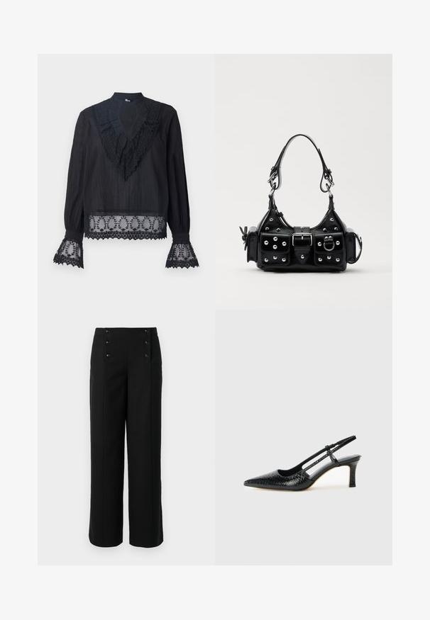 Musta paita, jossa on teksturoitu kangas, rypytetty kaula-aukko ja läpinäkyvät pitsiyksityiskohdat hihoissa ja helman alaosassa, joissa on kukka-ompelua.; Mustat leveälahkeiset housut, jotka on valmistettu sileästä kankaasta. Niissä on korkea vyötärö ja viisi nappia edessä. Elegantti, viimeistelty muotoilu.; Musta patent slingback-kiilakorko teräväkärkisellä muotoilulla, jossa on teksturoitu käärmeennahkakuosi, säädettävä remmi ja lyhyt, teksturoitu blokkiheel.; Musta nahkainen käsilaukku, jossa on kaareva muotoilu, hopeiset niitit, solki ja kaksi sivutaskua. Säädettävä olkahihna erilaisiin kantovaihtoehtoihin.