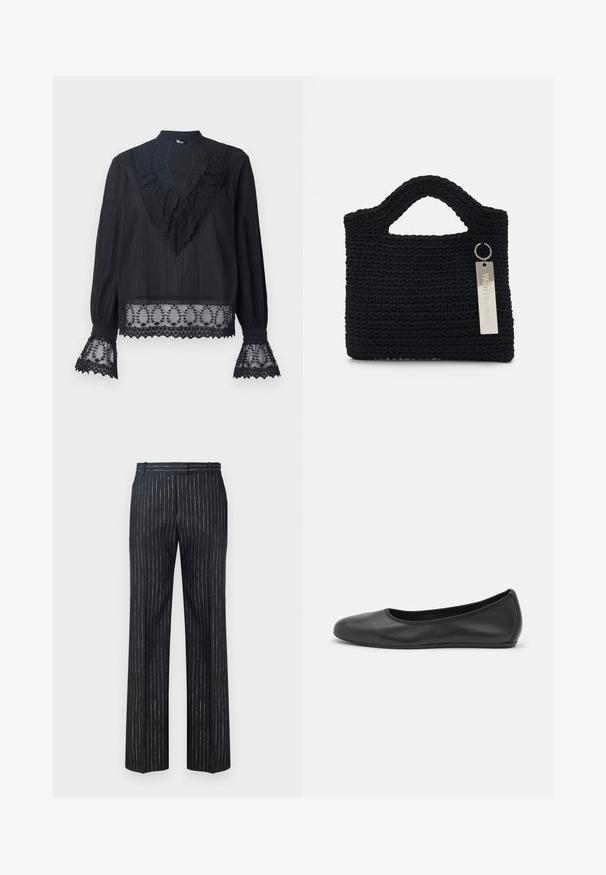 Blusa nera in tessuto testurizzato, con un colletto arricciato e dettagli in pizzo trasparente sulle maniche e sull'orlo inferiore, completata da ricami floreali.; Pantaloni a righe scure con design a gamba larga, realizzati in un tessuto strutturato con sottili righe verticali argentate. Davanti piatto e passanti per cintura.; Pantofole da balletto nere in pelle con punta arrotondata, texture liscia, dettagli di cucitura minimi e design con suola flessibile.; Won Hundred MARSIELLE COMPUTER BAG UNISEX - Borsa porta PC - black