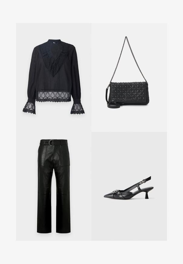 Blusa nera in tessuto testurizzato, con un colletto arricciato e dettagli in pizzo trasparente sulle maniche e sull'orlo inferiore, completata da ricami floreali.; Pantaloni in pelle nera a vita alta con gambe ampie, grandi tasche anteriori a toppa e una cintura coordinata con fibbia a doppio anello.; Scarpa slingback nera in pelle con punta affusolata, cinturini decorativi con occhielli metallici e tacco basso a blocco. Superficie testurizzata.; Borsa in pelle trapuntata nera con tracolla a catena, caratterizzata da dettagli a forma di teschio e chiusura con zip. Superficie texture con finitura lucida.