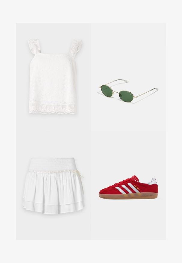 White floral lace top with ruffled shoulder straps. Features delicate patterns and scalloped hem detail for added texture. Lightweight material.; White tiered skirt with an elastic waistband, featuring a textured smocking detail and a decorative ribbon accent. Cotton fabric.; Red suede sneaker with white three-stripe design and gold "Gazelle" text. Features a rubber gum sole and textured heel.; Gold-framed sunglasses with green oval lenses and thin metal arms. Features clear plastic tips on the arms for comfort.; Woven straw basket bag with brown leather accents, two handles, and a detachable strap. Curved shape with a sturdy base.
