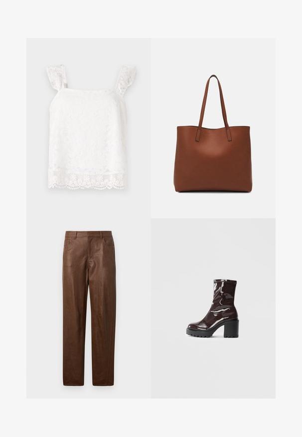 Bela cvetna čipkasta majica z nabranimi naramnicami. Ima nežne vzorce in rob s čipkastim zaključkom za dodatno teksturo. Lahkost materiala.; Rjave usnjene hlače z gladko teksturo, naravnim krojem in dvema stranskima žepoma. Imajo opazne šive.; Sijajan škrlatank z bleščečim videzom, z masivnim črnim peto, ki se ponaša z gladko teksturo in preprostim dizajnom. Brez vidnih zapenjal ali vzorcev.; Rjava usnjena torba z gladko teksturo, odprto zasnovo zgoraj in dvema naramnima trakovoma. Opremljena je z minimalnim šivanjem in brez vidnih kovinskih delov.