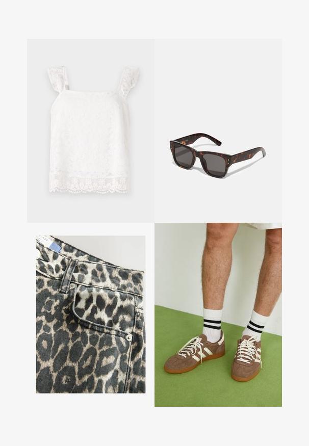 Bijela cvjetna čipkana majica s naboranim trakama na ramenima. Ima delikatne uzorke i detalj s valovitim rubom za dodatnu teksturu. Lagani materijal.; Traperice šortse s uzorkom leoparda i strukturiranim strukom, prednjim džepom, crno-bež shemom boja, završene s metalnim gumbom u srebrnoj boji.; Smeđe nubuk tenisice s bijelim detaljima i vezicama. Gumeni potplat. Nosene s bijelim čarapama s crnim prugama. Zeleno teksturirano pod.; Naočale od kornjačevine s tamnim lećama, kvadratnim okvirom i srebrnim dekorativnim češljićima sprijeda. Izrađene su od plastike, lagane i izdržljive.; Smeškan smeđi kožni torbica u obliku trokuta. Ima pletenu ručku i patentni zatvarač na vrhu.