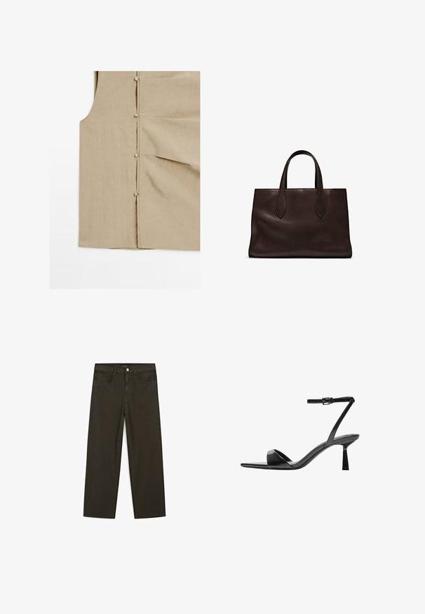 Beige Leinenweste mit leicht strukturiertem Oberflächen, ausgestattet mit Metallknöpfen an der Seite und zwei genähten Taschen.; Dunkelgrüne Jeans im weit geschnittenen Style, hergestellt aus einem Baumwollgemisch. Sie verfügen über einen Frontknopfverschluss, fünf Taschen und klassische Denim-Nähte.; Bershka High Heel Sandalette - black; Braune Ledertasche mit zwei langen Griffen, strukturierte rechteckige Form, glatte Textur und dezente Nähdetails.